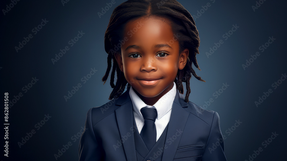 Portrait of a happy smiling Afro-American boy child with long hair and perfect skin, dark blue, banner.