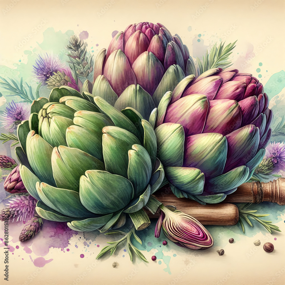 Fototapeta premium Artichokes with abstract watercolor background, copy space,background concept