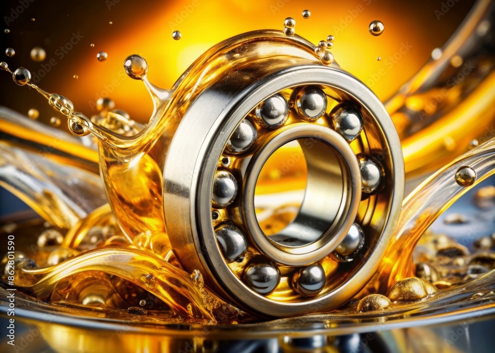Close-up view of a metal bearing gear with dynamic oil splashes
