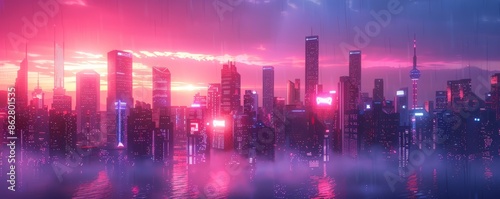 A futuristic city skyline with glowing neon signs. Realistic. © Станіслав Козаков