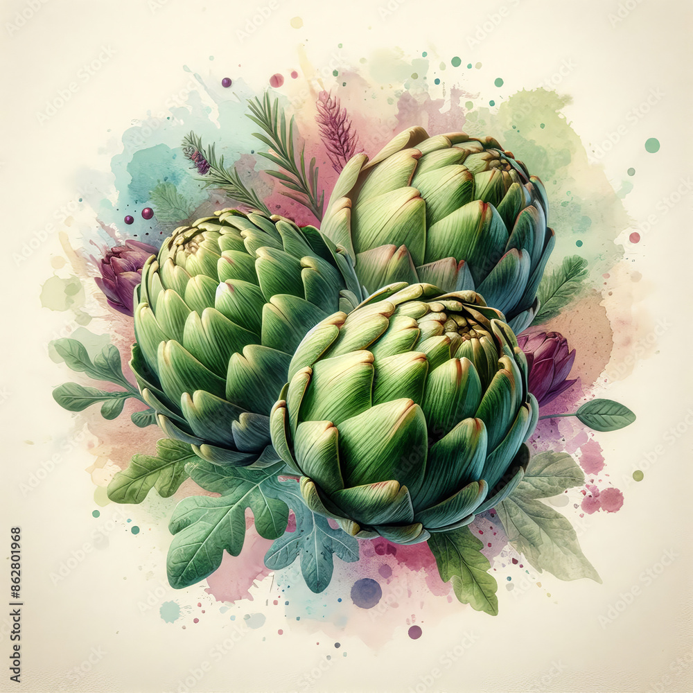 Fototapeta premium Artichokes with abstract watercolor background, copy space,background concept