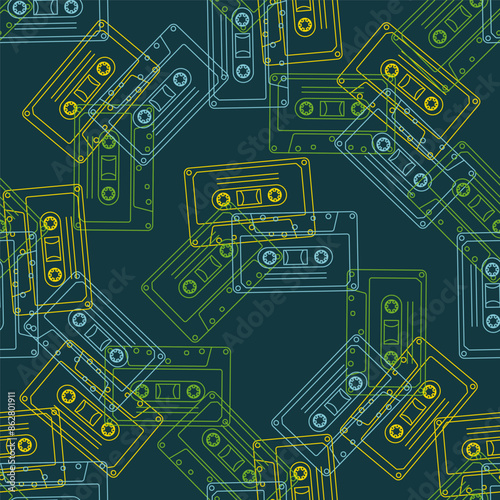 90s retro elements. Seamless pattern of cassettes with audio tapes. Aesthetics of the 90s. Line art graphics