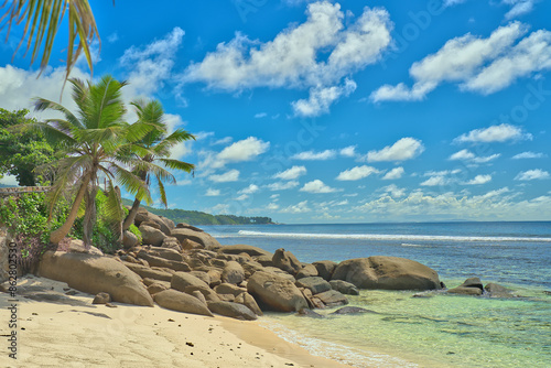Anse Parnel beach, blue sky turquoise water, low tide sunny day, white sandy beach, coconut palm trees, Mahe, Seychelles photo