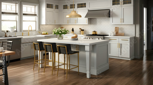 Construct a transitional kitchen with Shaker-style cabinets, subway tile backsplashes, and quartz countertops
