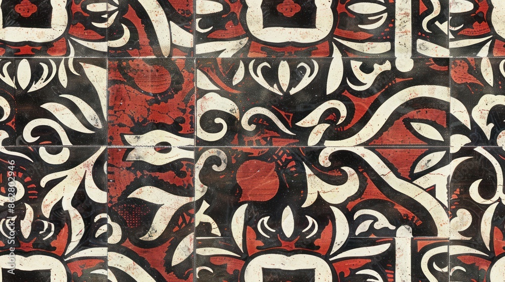 Ornate Tile Pattern in Red, Black, and White