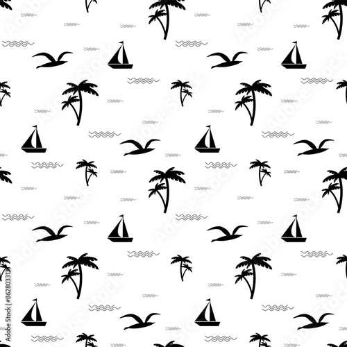 Summer vacation vector seamless  pattern with palm tree, ship, seagull and waves. Aloha party, Hawaii graphic concept. Can be used in textile and wallpaper, wrapping-paper design.

