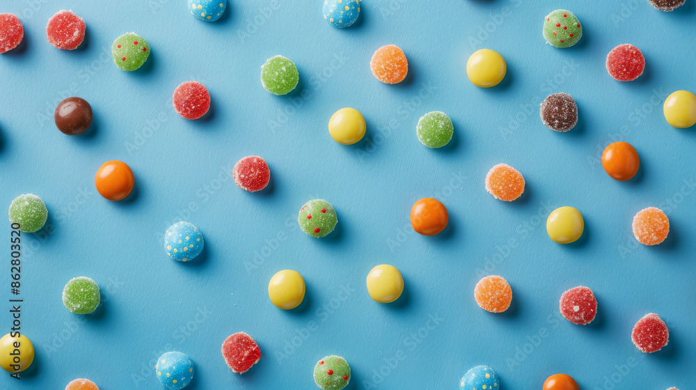 Colorful candies are arranged flat on a blue surface, creating a vibrant and playful composition as seen from above. Colorful candies are arranged flat on a blue surface, creating a vibrant and playful composition as seen from above.