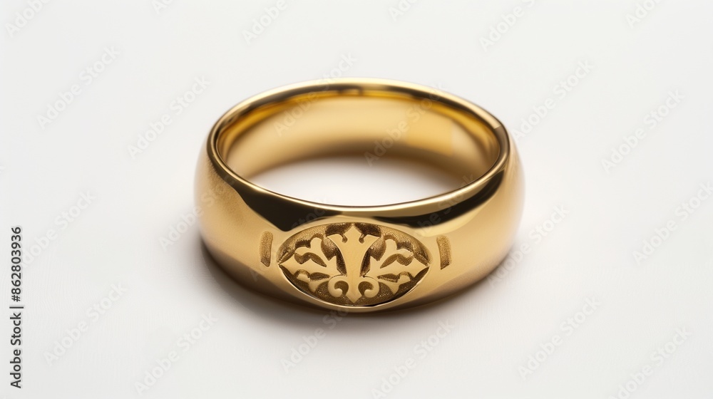 A gold ring with a classic signet design, isolated on a white background, showcasing its traditional and authoritative style A gold ring with a classic signet design, isolated on a white background, showcasing its traditional and authoritative style