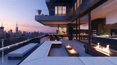 A rooftop terrace designed for entertaining, with an outdoor kitchen, sleek fire pits, and panoramic city views. photo