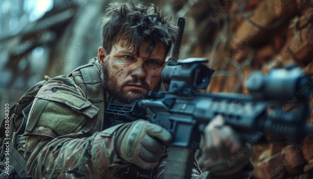 Obraz premium Focused Modern Soldier with Intense Expression Aiming Rifle in Combat Gear