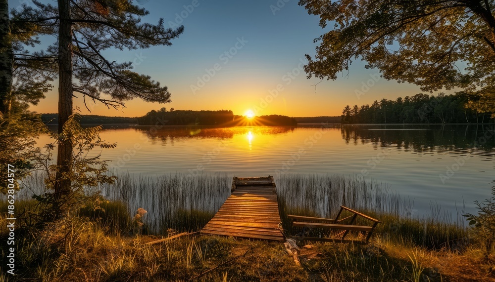 Fototapeta premium Serene Sunrise Over a Tranquil Lake with a Wooden Pier
