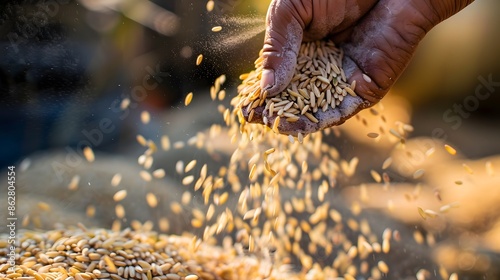 Farmer selects the impurity out off the grain jasmine rice seed by traditional hand process. Rice seeds are dried in the sun after being harvested from rice fields and milling