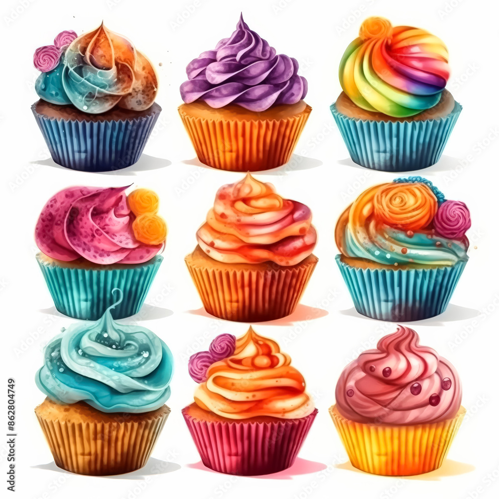 A set of colorful cupcakes with various toppings such as cherries, strawberries, and blueberries A set of colorful cupcakes with various toppings such as cherries, strawberries, and blueberries