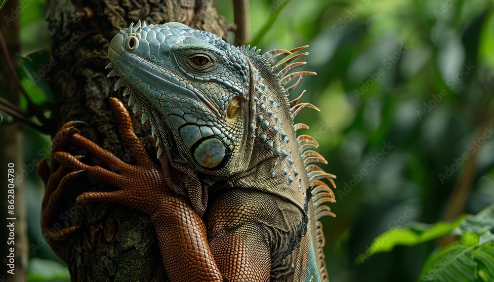 Fototapeta premium High-Resolution Close-Up of an Iguana Clinging to a Tree in the Jungle