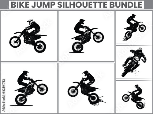 Bike riders in silhouette set are participating in a motocross championship, jumping and racing their motocross bikes man silhouette buldle