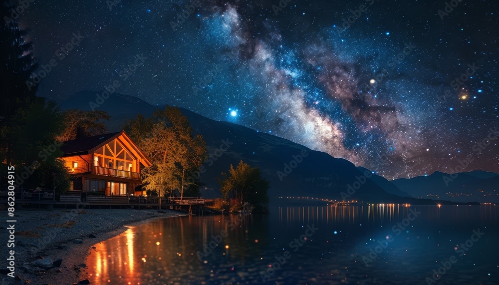 Fototapeta premium Cozy Cabin by the Lakeside Under a Starry Night Sky