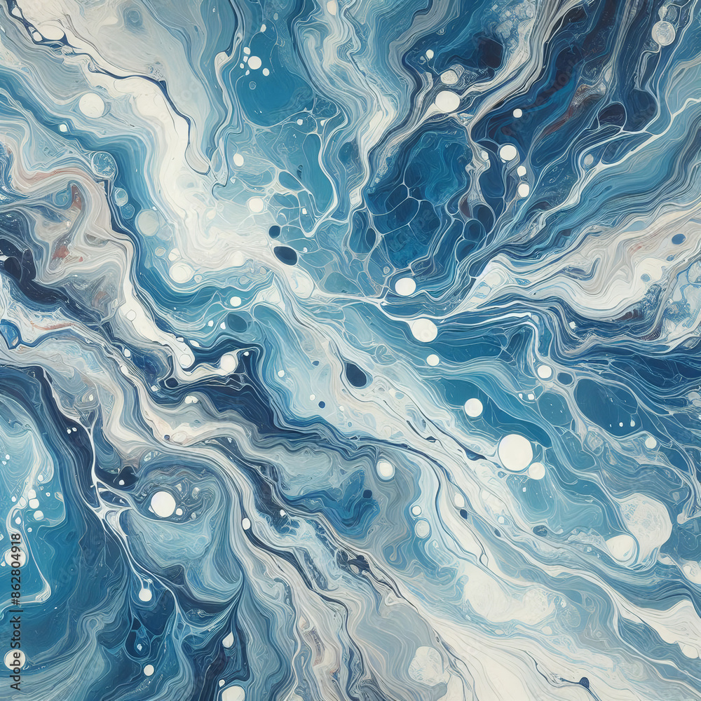 Abstract blue and white marble pattern with gold speckles, fluid art concept. Background with copy space.