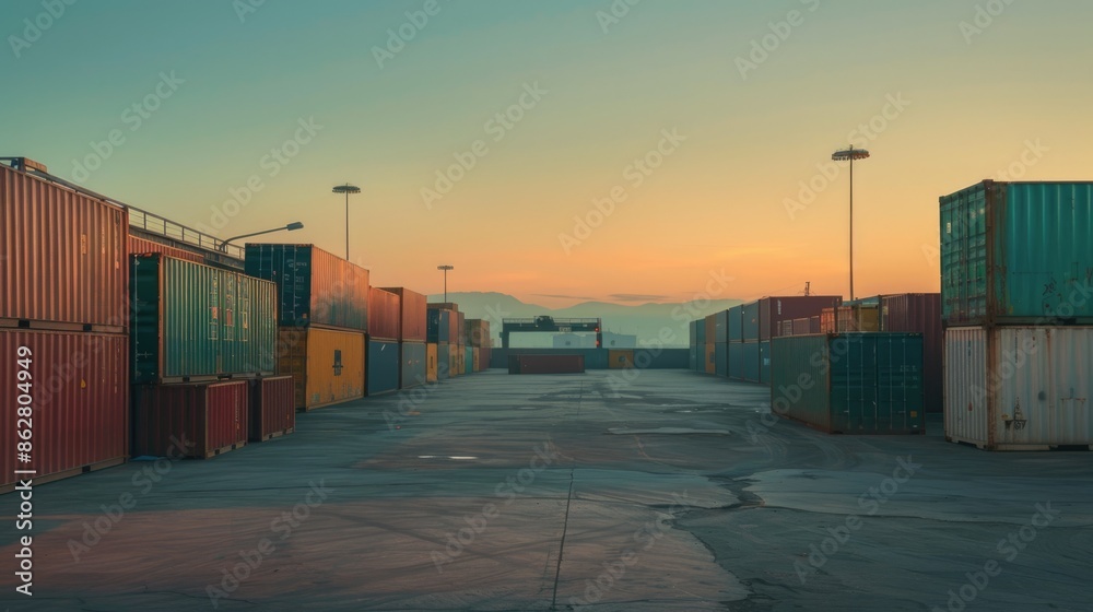 Fototapeta premium An empty shipping container yard at dawn, with the raw photo capturing the quiet, expansive space and early morning light