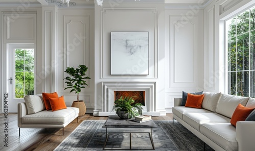 Elegant living room with a blank canvas on the mantel