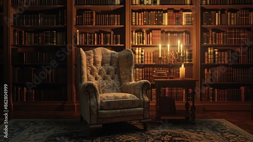 Cozy and inviting library interior with a comfortable armchair and warm candlelight, exuding a feeling of nostalgia and comfort.