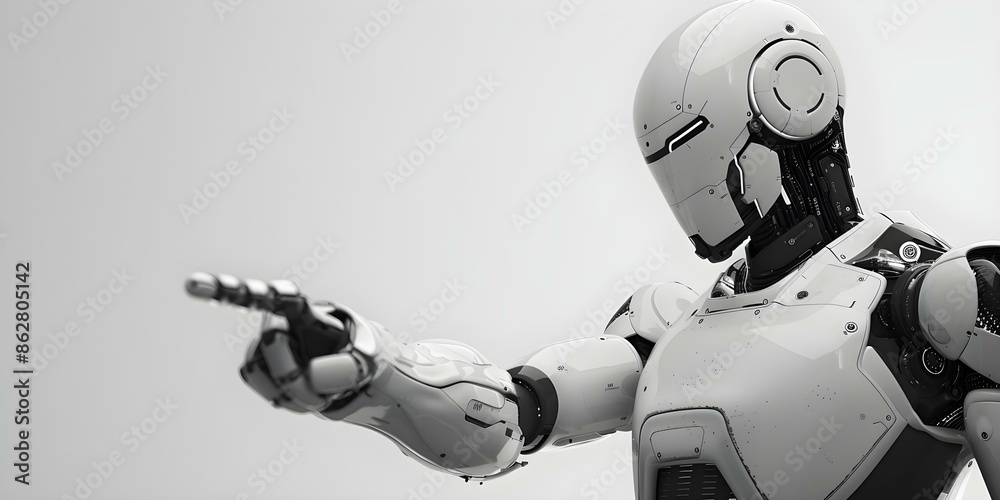 Advanced white robot deciding with enhanced human input. Concept Artificial Intelligence, Robotics, Human Interaction, Advanced Technology, Decision Making Advanced white robot deciding with enhanced human input. Concept Artificial Intelligence, Robotics, Human Interaction, Advanced Technology, Decision Making