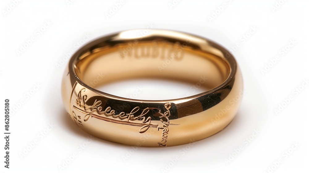 A gold ring with an engraved inscription, set against a white background, capturing its personalized and sentimental value A gold ring with an engraved inscription, set against a white background, capturing its personalized and sentimental value