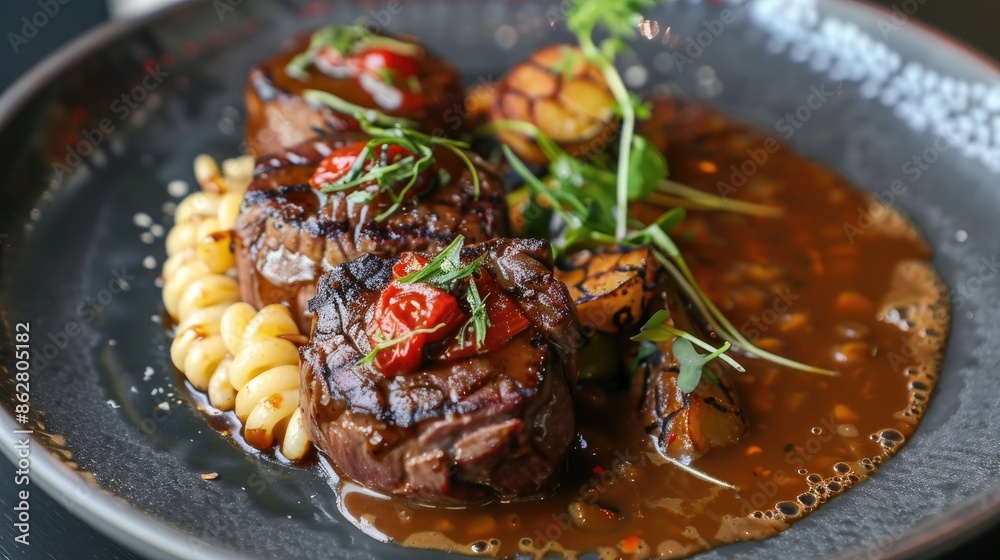 German wagyu beef roulades with spaetzle in spicy gravy on design plate