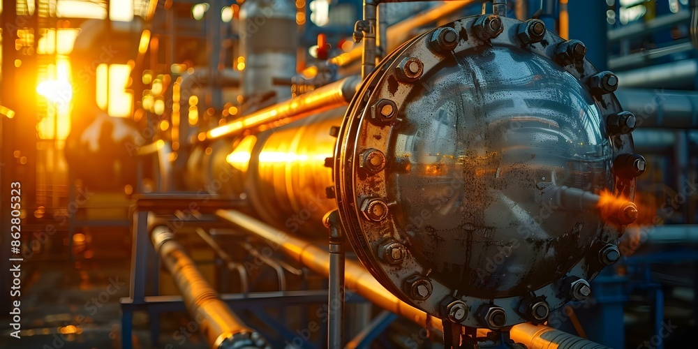 Closeup of industrial furnace heat exchanger in a petrochemical plant at sunset. Concept Industrial Equipment, Petrochemical Plant, Sunset, Closeup Photography, Heat Exchanger Closeup of industrial furnace heat exchanger in a petrochemical plant at sunset. Concept Industrial Equipment, Petrochemical Plant, Sunset, Closeup Photography, Heat Exchanger