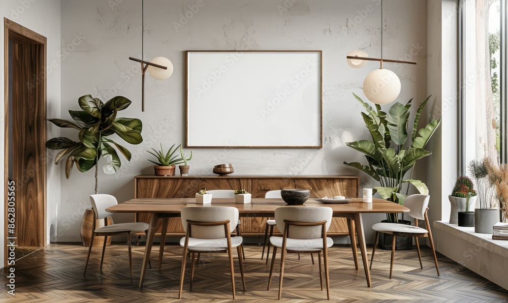 Serene dining room with a blank frame above the buffet Serene dining room with a blank frame above the buffet