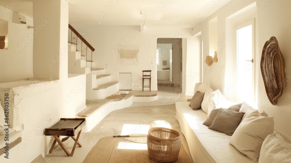 Fototapeta premium An inviting and minimalistic lounge area in a white house, featuring comfortable seating, minimalist decor, and a serene ambiance