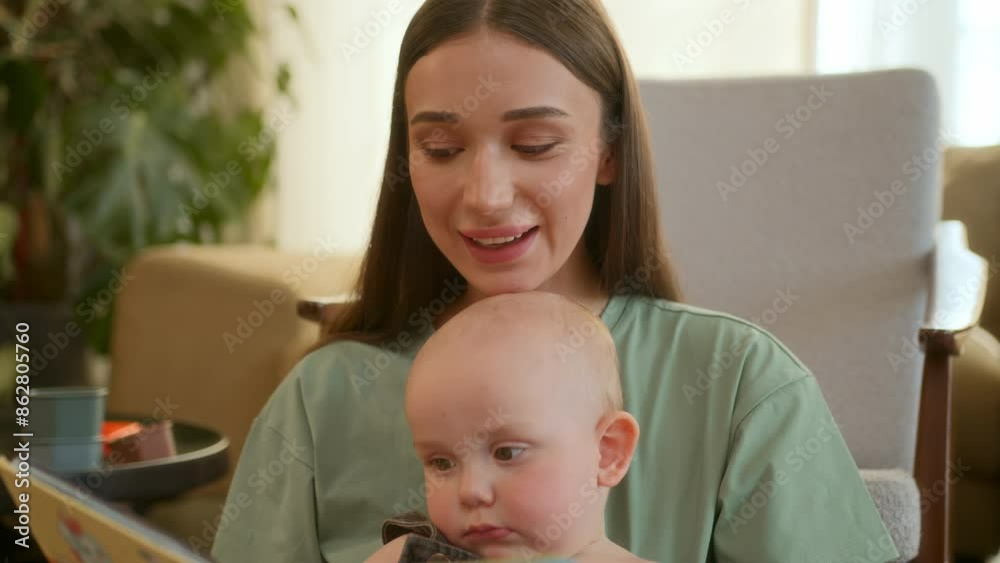 Young mother with prosthetic having bonding time with little son at home. She uses her prosthetic hand to hold book and read fairy tales sitting on floor. Young mother with prosthetic having bonding time with little son at home. She uses her prosthetic hand to hold book and read fairy tales sitting on floor.