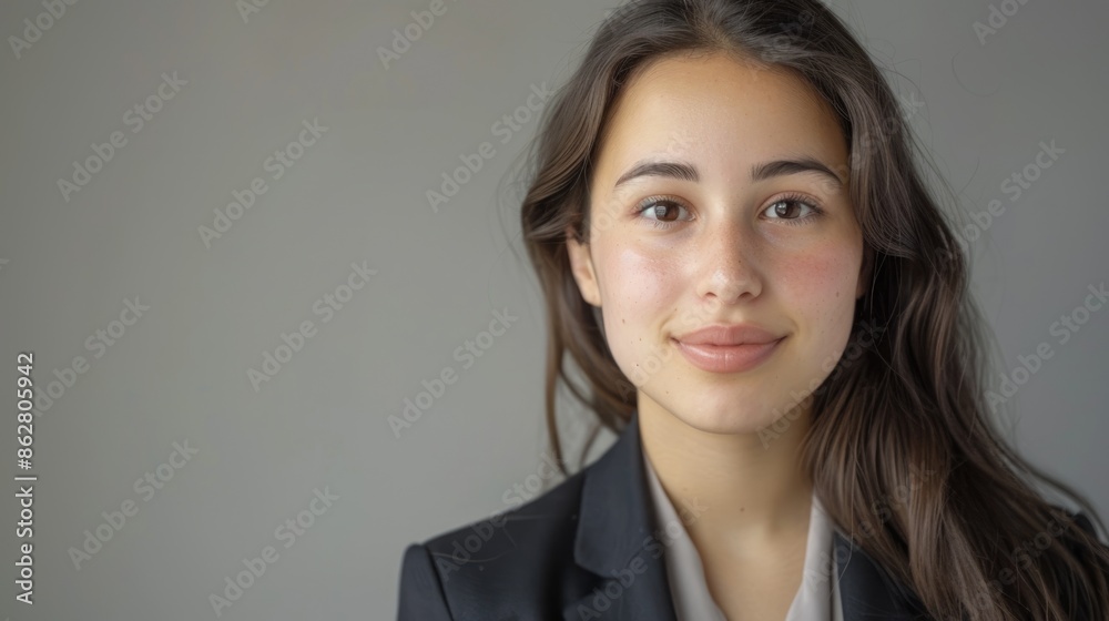 Close-up portrait of a young woman presenter in a professional setting, against a neutral background, conveying her confidence and approachable demeanor Close-up portrait of a young woman presenter in a professional setting, against a neutral background, conveying her confidence and approachable demeanor