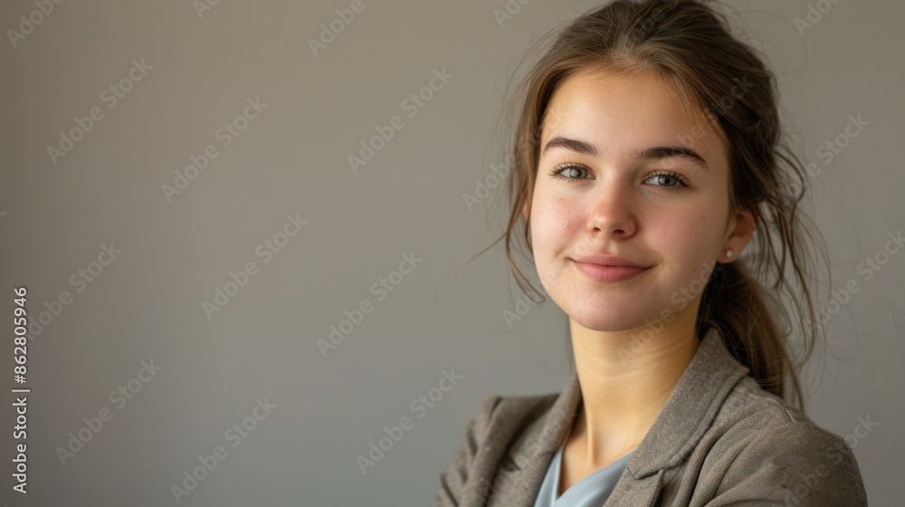 Close-up portrait of a young woman presenter in a professional setting, against a neutral background, conveying her confidence and approachable demeanor Close-up portrait of a young woman presenter in a professional setting, against a neutral background, conveying her confidence and approachable demeanor