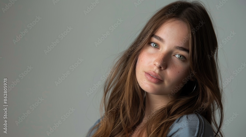 A studio portrait of a young woman presenter, photographed against a plain background to highlight her expressive features and confident demeanor A studio portrait of a young woman presenter, photographed against a plain background to highlight her expressive features and confident demeanor