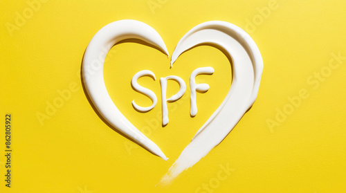SPF word shaped like heart made of sunscreen cream on yellow background. SPF cream for safe sunbathing and sun protection