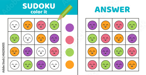 Sudoku with smiley. Coloring sudoku with smiley. Cartoon