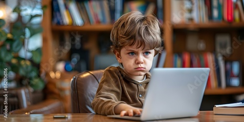A boy sits at a desk frowning at a laptop screen. Concept Are you looking for a description of the image or an appropriate topic for it?