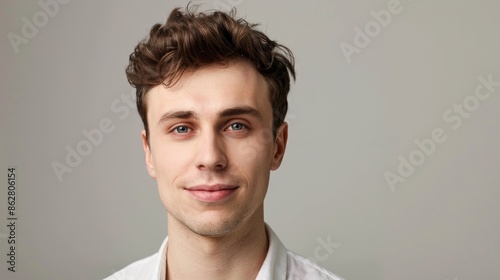 An elegant headshot of a confident young man presenter against a neutral background, highlighting his articulate expression and ability to connect with the audience