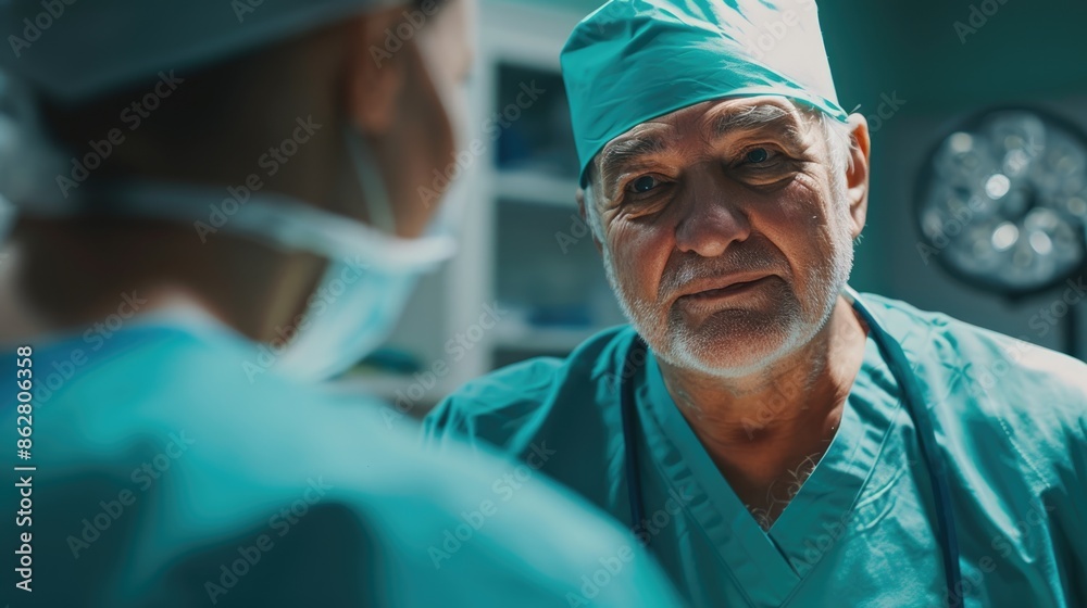 Close-up of a doctor in scrubs, captured in a raw photo from a dynamic angle during a medical consultation, showcasing compassion and professionalism Close-up of a doctor in scrubs, captured in a raw photo from a dynamic angle during a medical consultation, showcasing compassion and professionalism