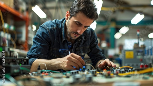 A dynamic angle raw photo of an electric technician working with circuitry, demonstrating technical prowess and concentration in a workshop environment
