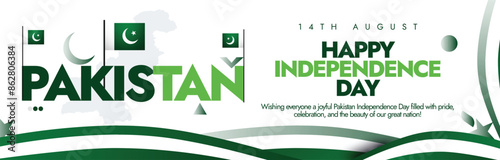 Pakistan Independence Day, 14th August celebration cover banner. Pakistan Independence day social media post with its flags, silhouette map and abstract art design in flag colours white and green. 