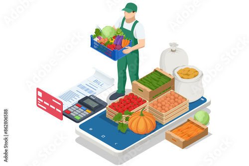 Online sale of vegetables and fruits. Isometric Farmer sells fresh Fruts and vegetables. Natural fresh products. Sellers and marketing concept. Farmer market.