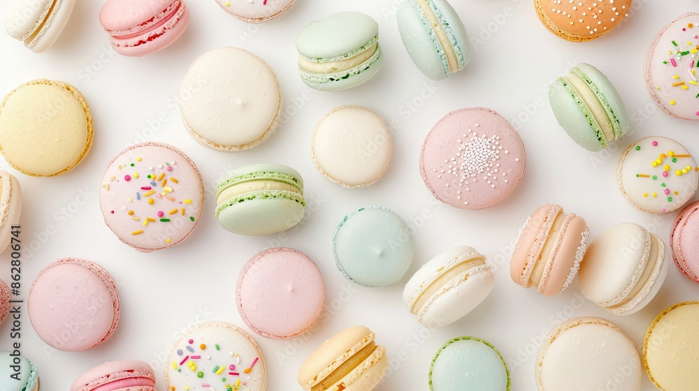 Fototapeta premium A variety of macarons with different flavors and colors are arranged on a white surface