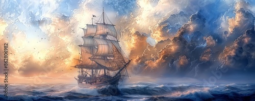 A whimsical pirate ship on the ocean. Realistic.