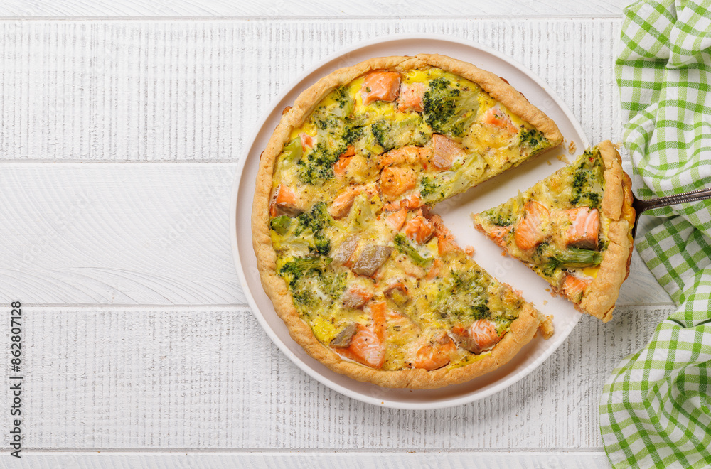 Homemade pie with salmon and broccoli Homemade pie with salmon and broccoli