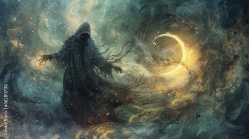 A mystical scene depicting a hooded wizard casting black magic spells, surrounded by swirling shadows and illuminated by a crescent moon © kitipol