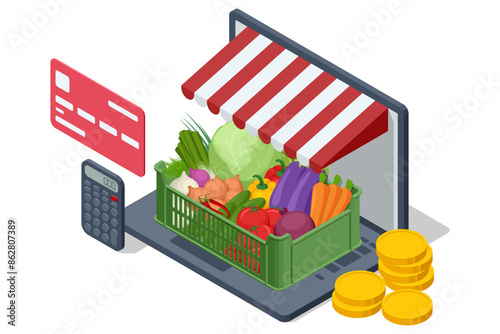 Online sale of vegetables and fruits. Isometric Farmer sells fresh Fruts and vegetables. Natural fresh products. Sellers and marketing concept. Farmer market.