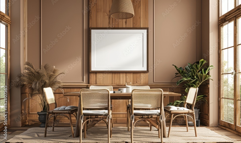 Rustic dining room with an empty frame on the wall Rustic dining room with an empty frame on the wall