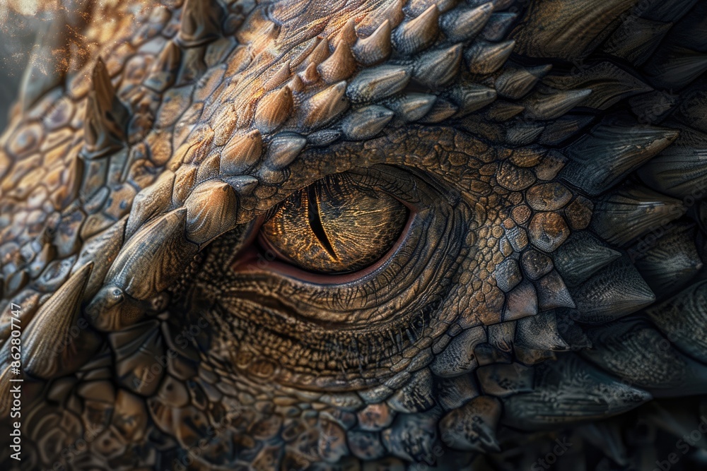 Close-up of a dragon's menacing eye, photographed in a dynamic angle to emphasize its fierce and mythical presence Close-up of a dragon's menacing eye, photographed in a dynamic angle to emphasize its fierce and mythical presence