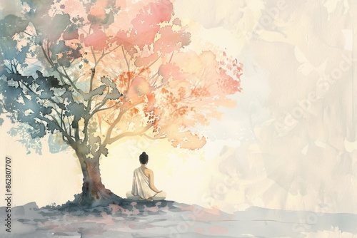 A minimalist watercolor rendition of Buddha's enlightenment under the Bodhi tree, using fade and pale colors to capture the essence of spiritual awakening and inner peace